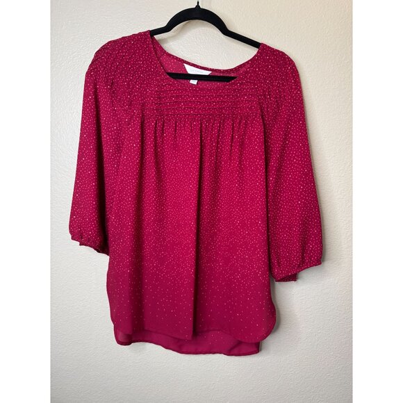 Lauren Conrad Womens Red Blouse‎ Medium 3/4 sleeves pullover polyester polka dot - Picture 2 of 7